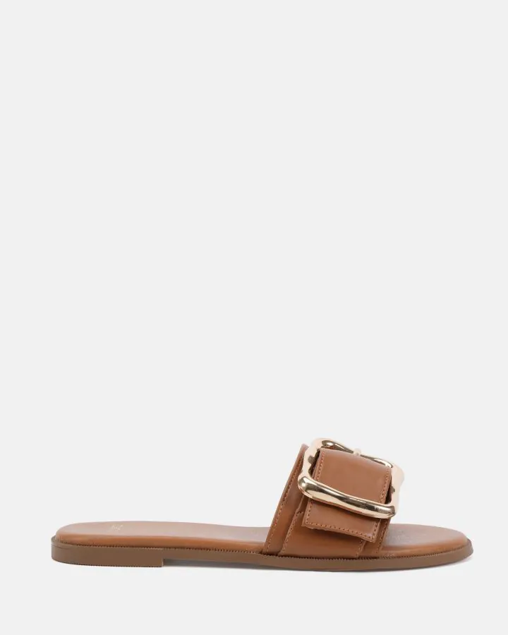 Women's Flat Sandals - Soft Faux Leather Fashion Slides, Summer Slippers, Brown, Size 8